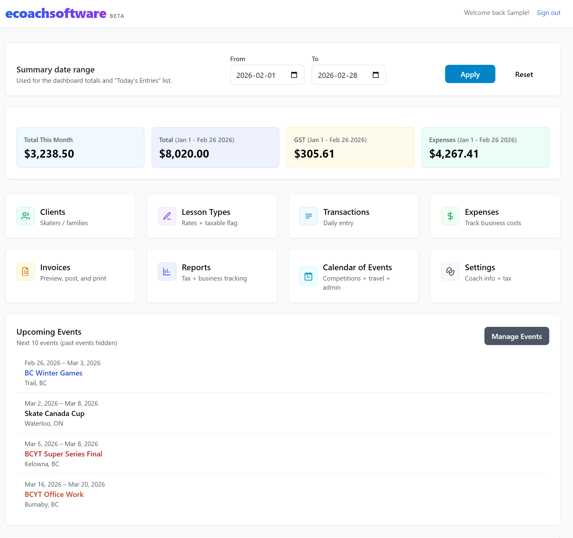 ecoach dashboard showing lesson tracking, invoice workflow, and monthly coaching business summary